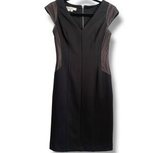 Maggy London Black V Neck Cap Sleeved Sheath Dress Mesh Side Panels Midi Sexy